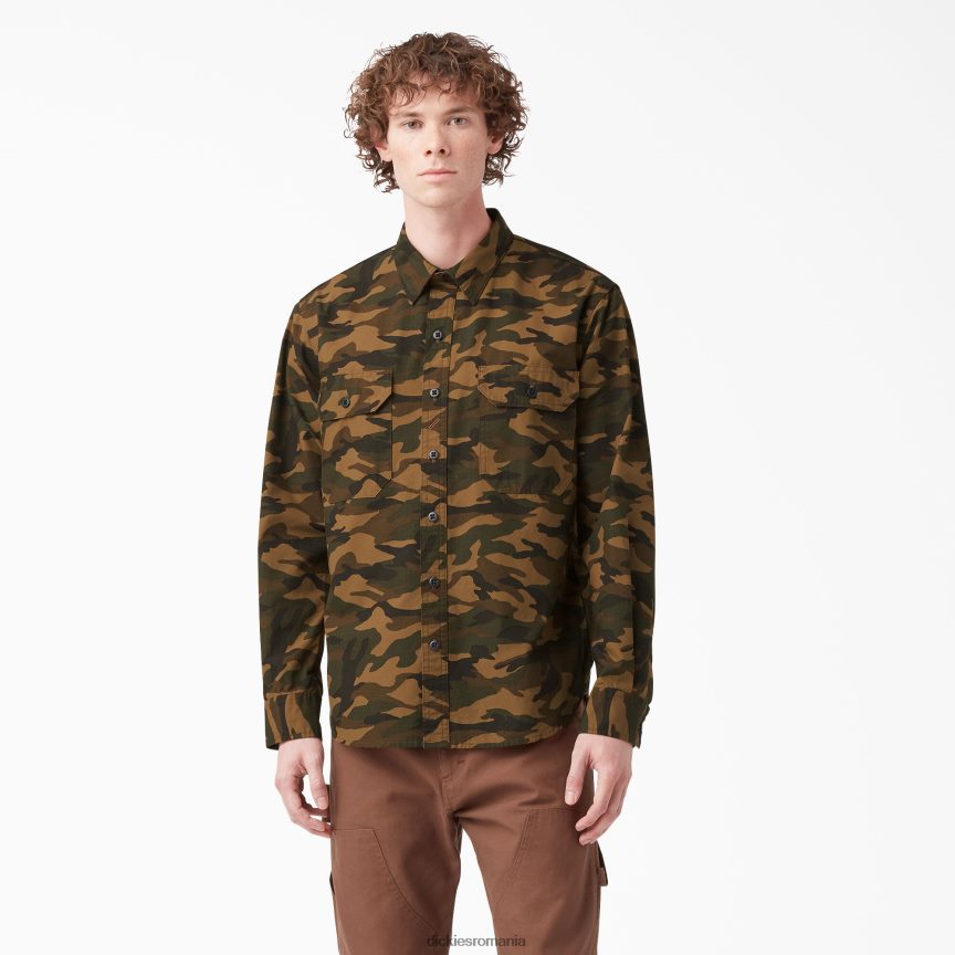 bărbați Dickies Cămașă de lucru 1922 cu mânecă lungă camo maro/negru clătit (rbbc) îmbrăcăminte de lucru ZT20R4915