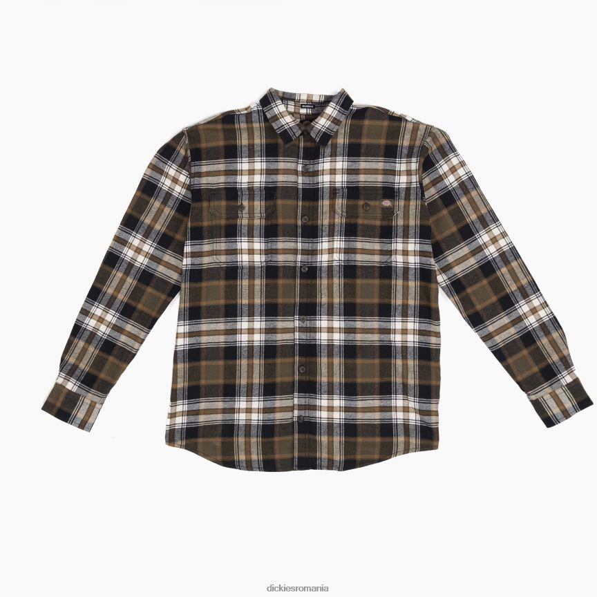 bărbați Dickies cămașă de flanel flex cu mânecă lungă măsliniu închis/ carouri negru (b1k) îmbrăcăminte de lucru ZT20R4722